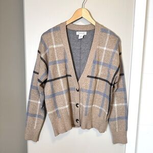 Rachel Zoe Cardigan Sweater Tan Window Pane Plaid Button Down V Neck Size Medium